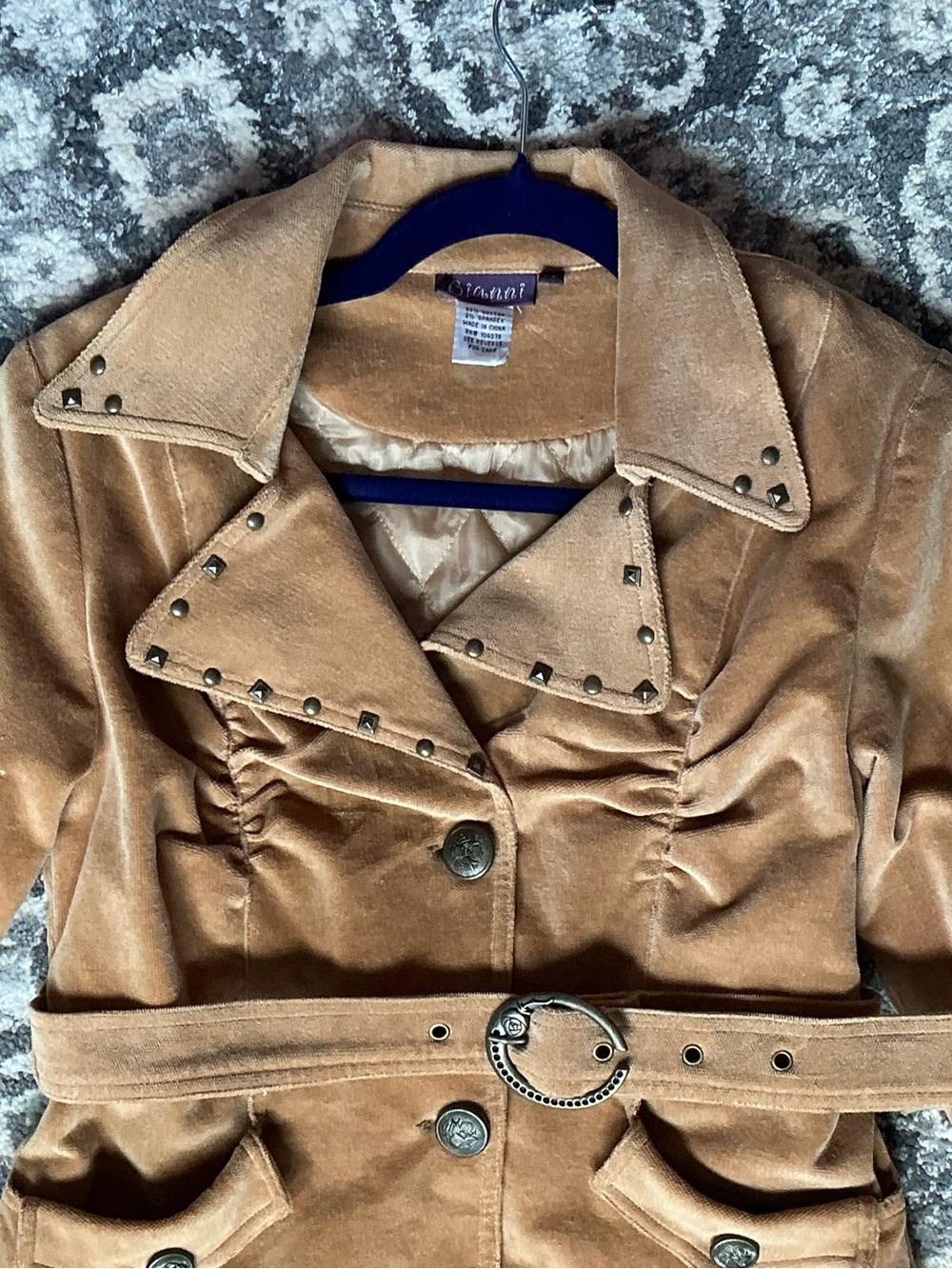 Bianni Girls Size 14 Camel Belted Stretch Trench Coat Studded Lapel Cotton Blend - Picture 7 of 13